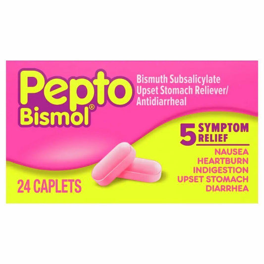 Pepto Bismol Upset Stomach Reliever 5 Symptom Relief Caplets 24 Count Pack of 2