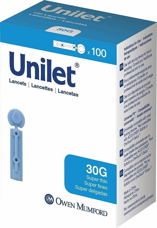 Owen Mumford Unilet Super Thin Blood Glucose Lancets Sterile 30 Gauge 100 Count