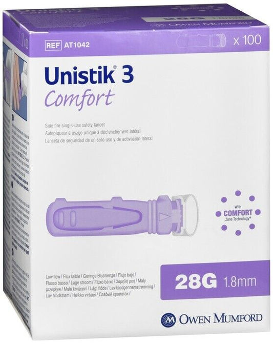 Unistik 3 Comfort  Single Use Safety Lancets 28G 100ct ( purple )