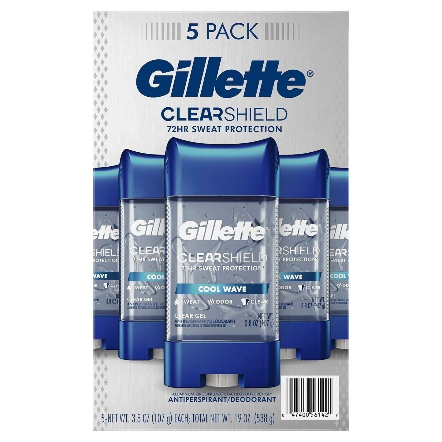 5 Pack Gillette Clear Shield Cool Wave Gel 72Hr Antiperspirant/Deodorant 3.8oz