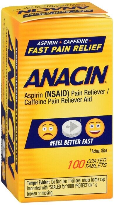 Anacin Aspirin 400mg Caffeine 32mg Pain Reliever & Aid Fast Relief 100ct 6 Pack