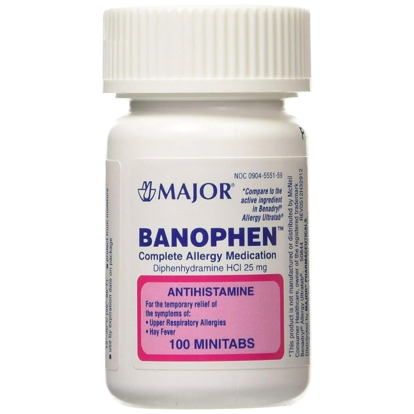 Diphenhydramine 25mg TABLETS 100ct BANOPHEN  Minitabs ( 2 bottles )