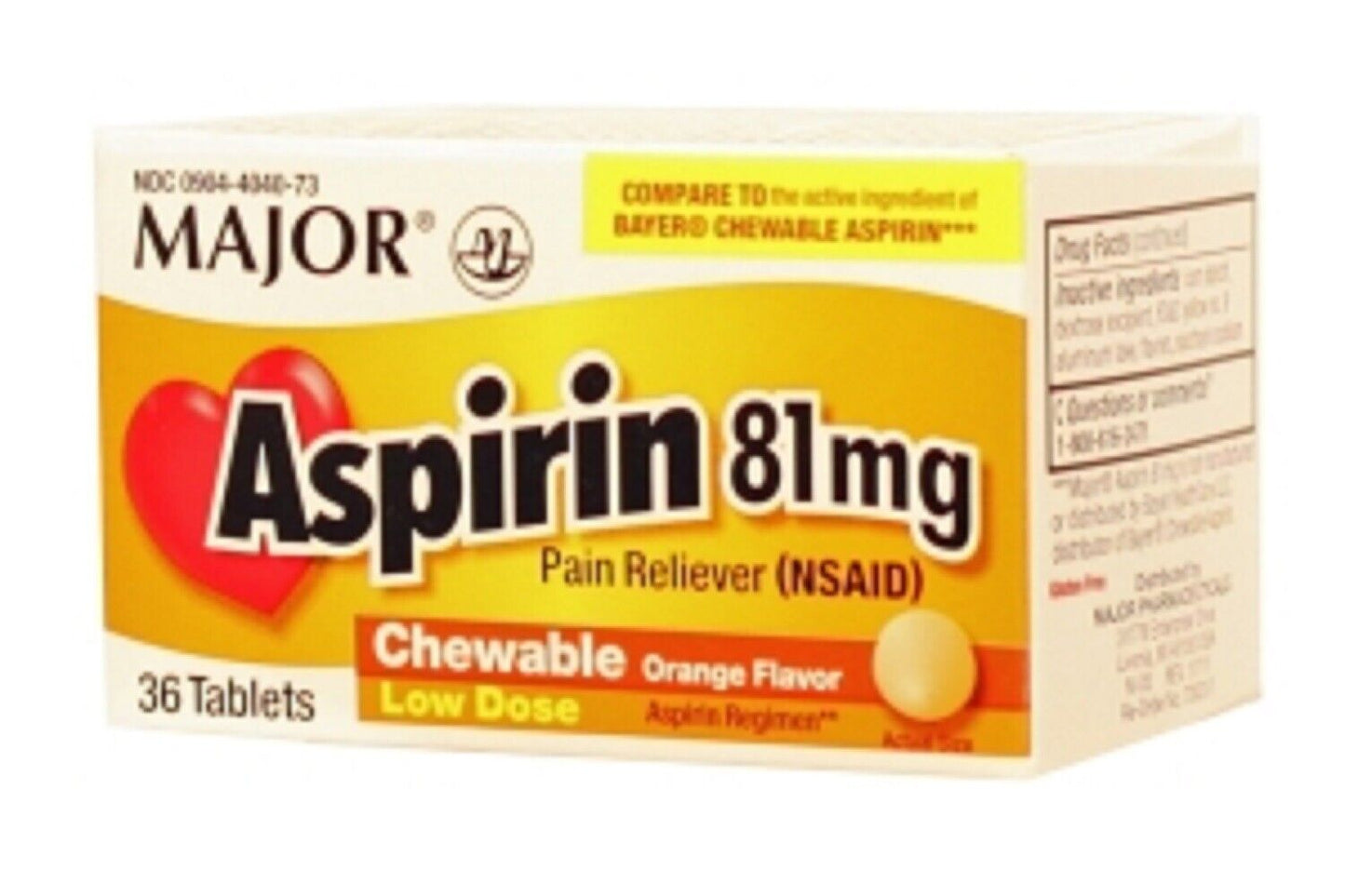 Major Baby Aspirin 81mg Chewable Orange Flavor 36ct   6 Pack