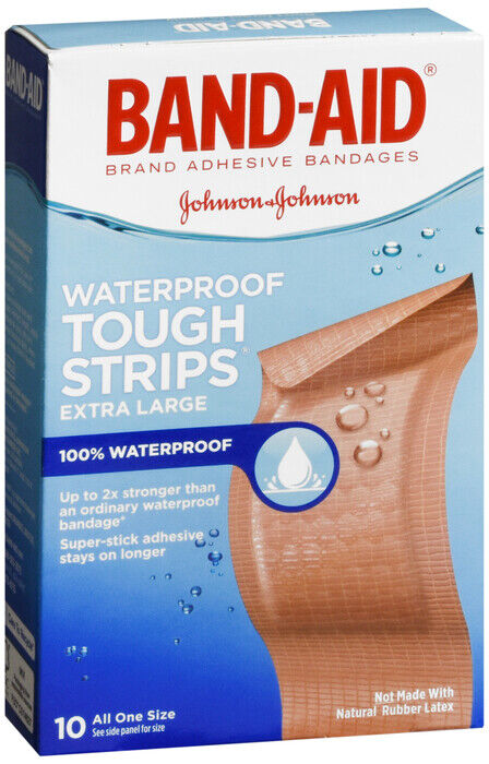 BAND-AID TOUGH STRIPS WATERPROOF EXTRA LARGE 10 CT  1.75 by 4 inches