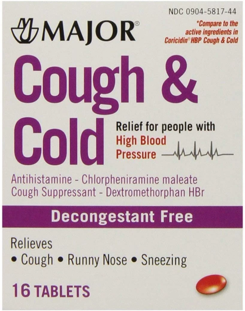 COUGH & COLD RELIEF FOR PEOPLE WITH HIGH BLOOD PRESURE 16CT BY MAJOR X 3 BOXES