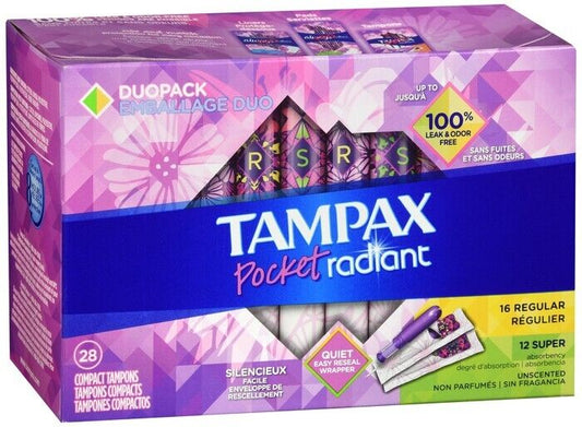 Tampax Radiant Tampons Plastic Applicator Regular/Super Absorbency DuoPack 28 CT