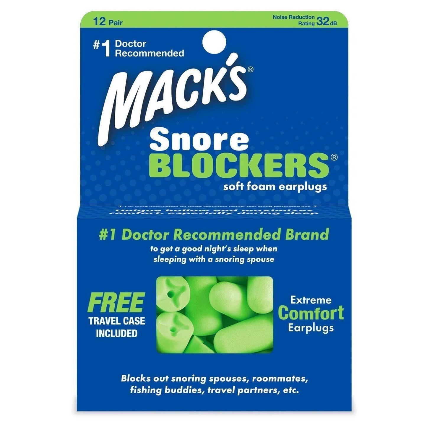 Macks Snore Blockers Soft Foam Extreme Comfort Earplug with Travel Case 12 Pairs