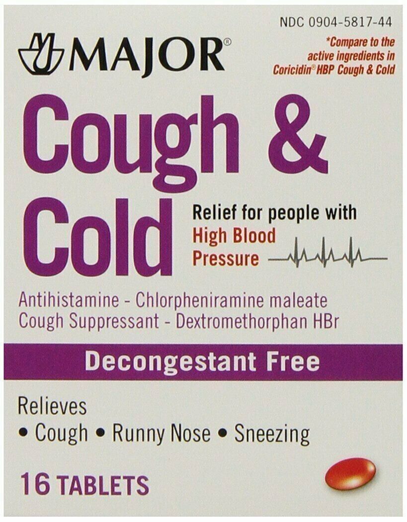 Major Cough & Cold Relief Tablets Suppressant Decongestant Free 16ct Pack of 12