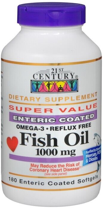 21st Century Fish Oil Omega-3 1000 mg Enteric Coated Softgels Gluten Free 180 Ct