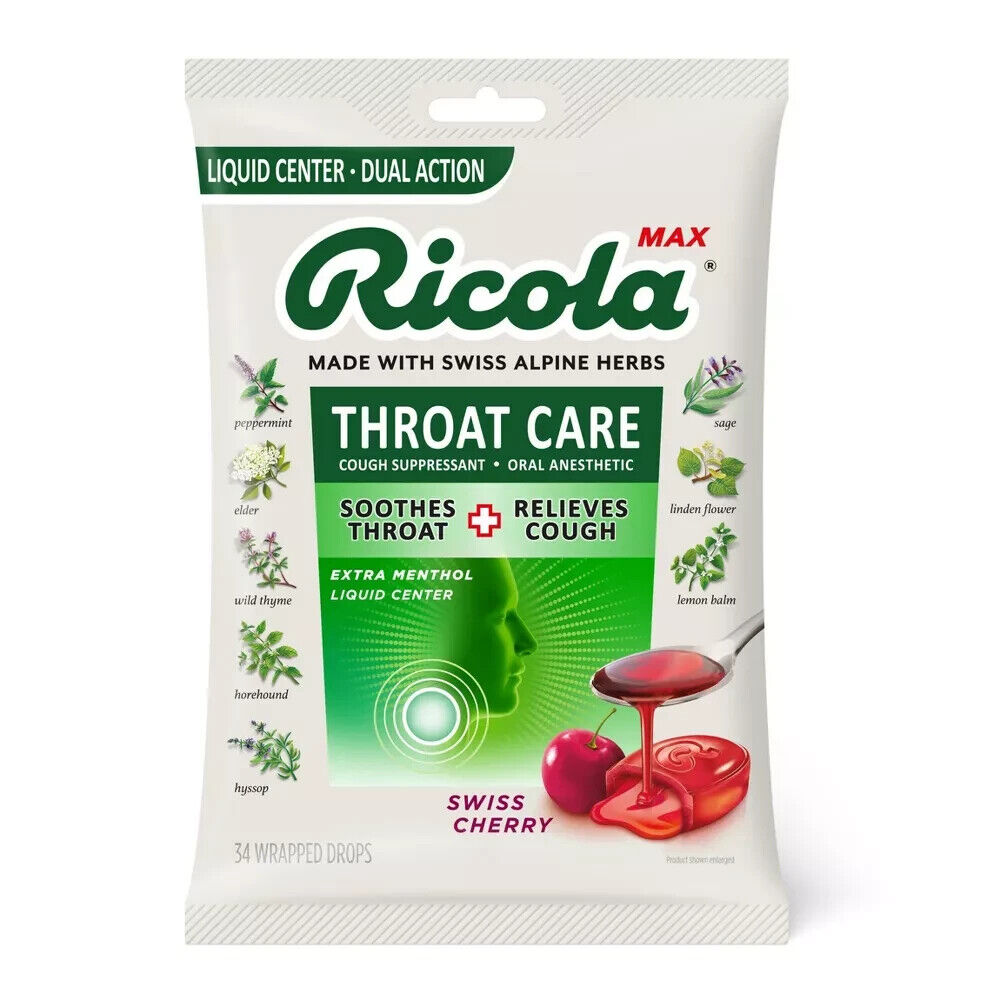 Ricola MAX Throat Care Cough Suppressant Drops Swiss Cherry 34ct X 2 BAGS (68)