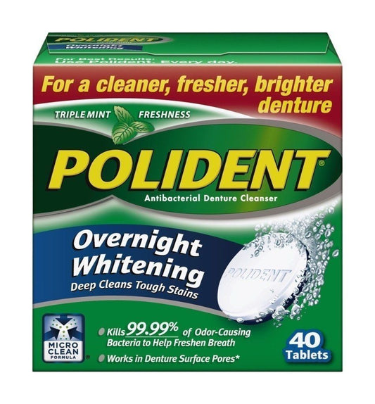 Polident Overnight Whitening Antibacterial Denture Cleanser Tablets 40 count box