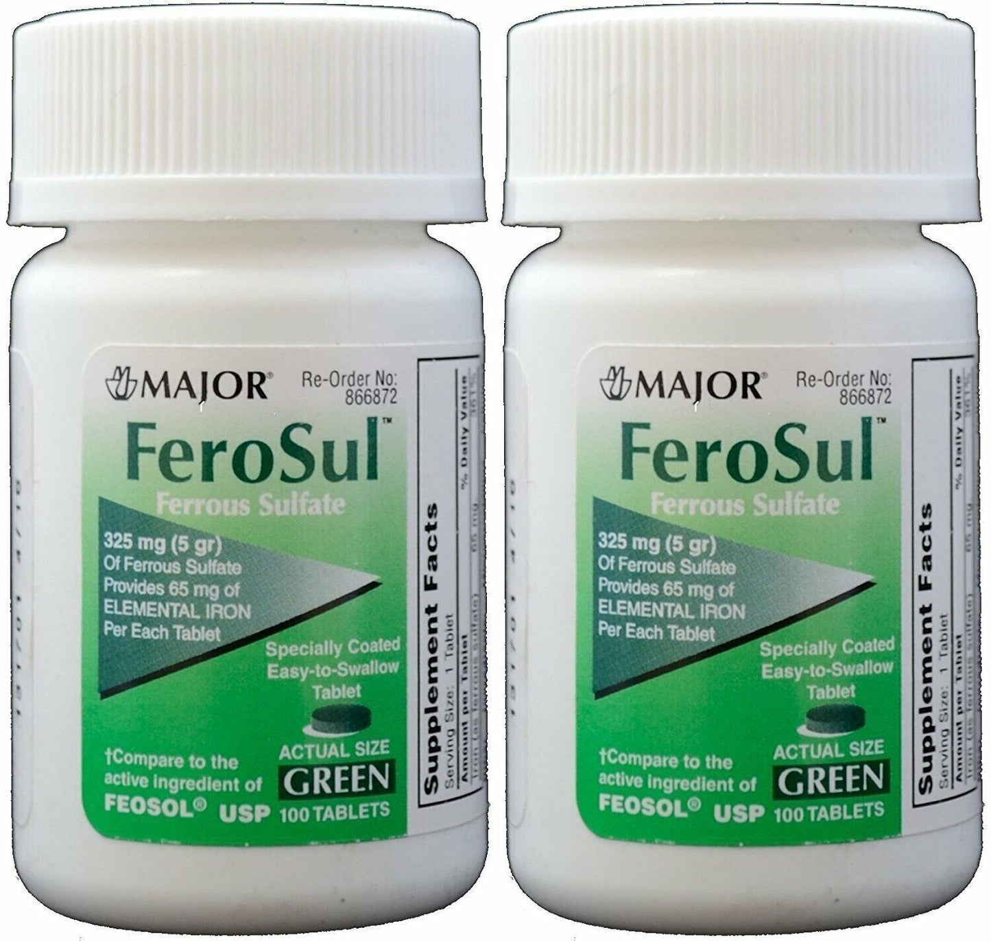 Major Ferosul Ferrous Sulfate 325mg Blood Health Green Tablets 100ct Pack of 2