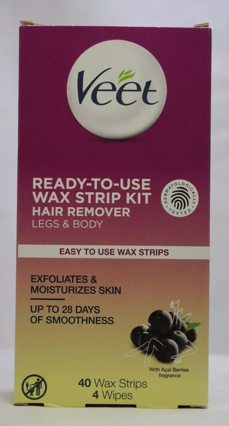 Veet Ready-To-Use Wax Strip Kit Hair Remover Legs & Body 40 Wax Strip Acai Berry