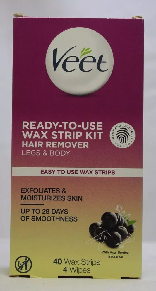 Veet Ready-To-Use Wax Strip Kit Hair Remover Legs & Body 40 Wax Strip Acai Berry