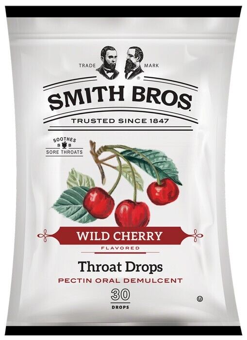 Smith Bros Wild Cherry Flavored Throat Drops 30 Drops x 2 bags  (60 drops total)