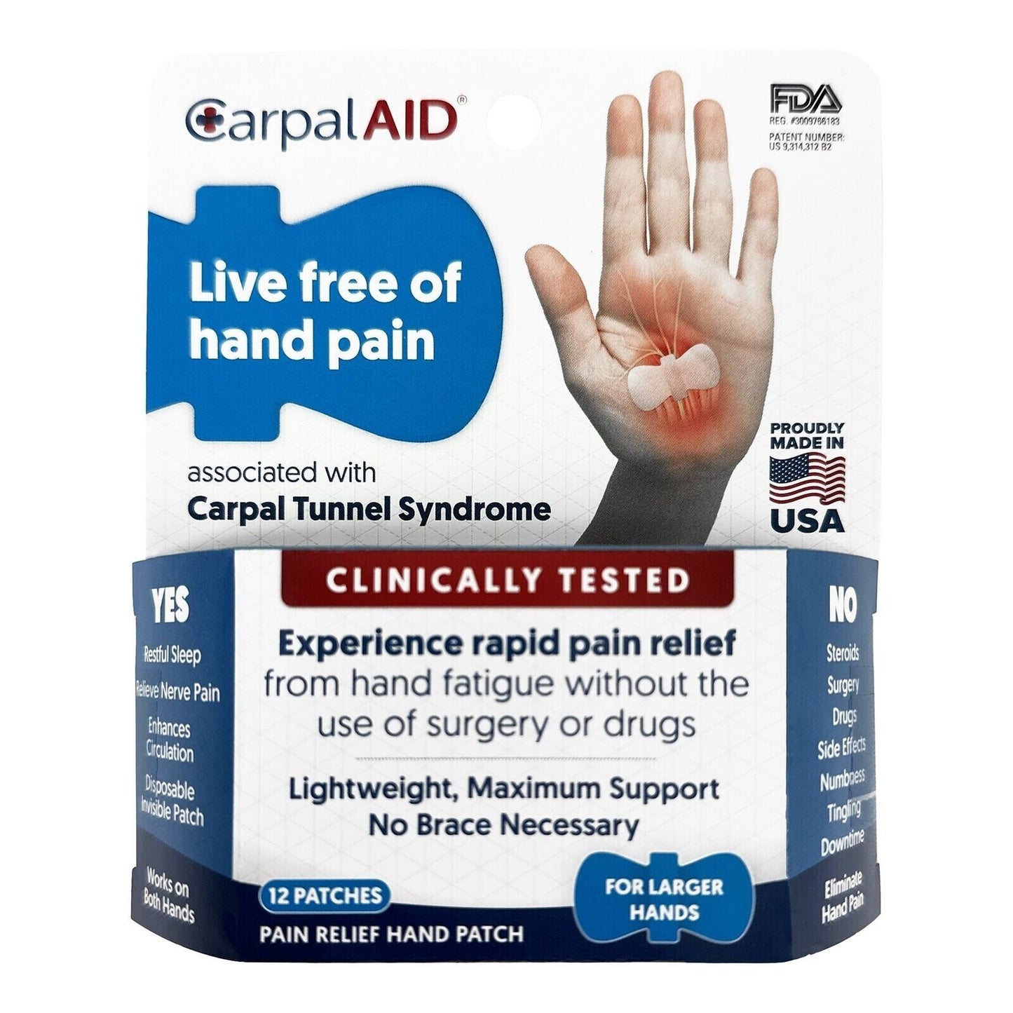 CarpalAid Large Carpal Tunnel Hand Patch Wrist Pain Relief Larger Hands 12 Pack