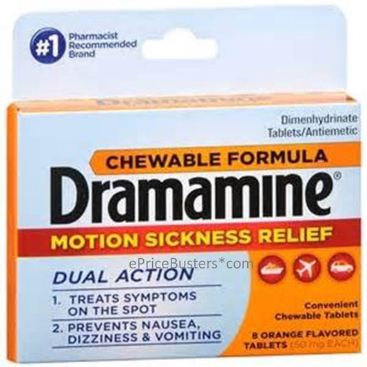 Dramamine Dual Action Motion Sickness Relief Chewable Tablets Orange 8 count