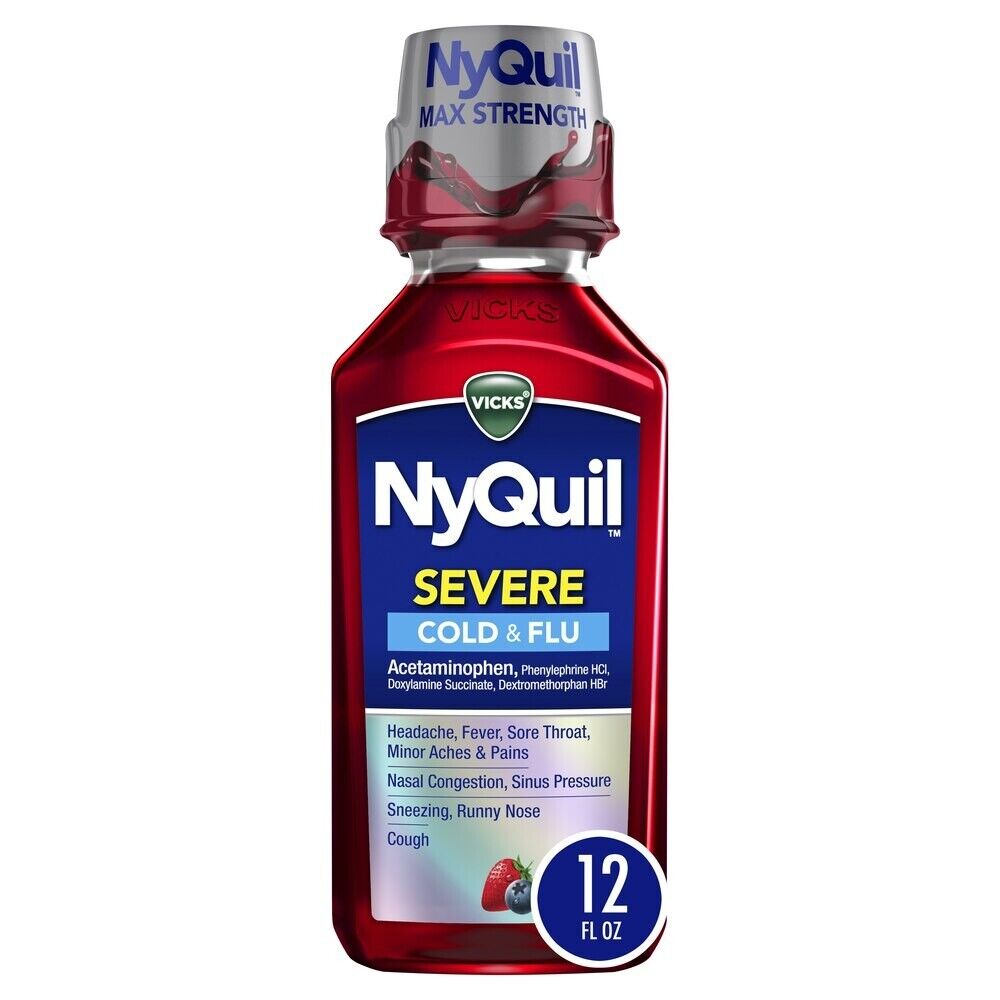 Vicks NyQuil Severe Cough, Cold, Flu, Medicine, Berry, 12 fl oz  Cold Cough Flu+