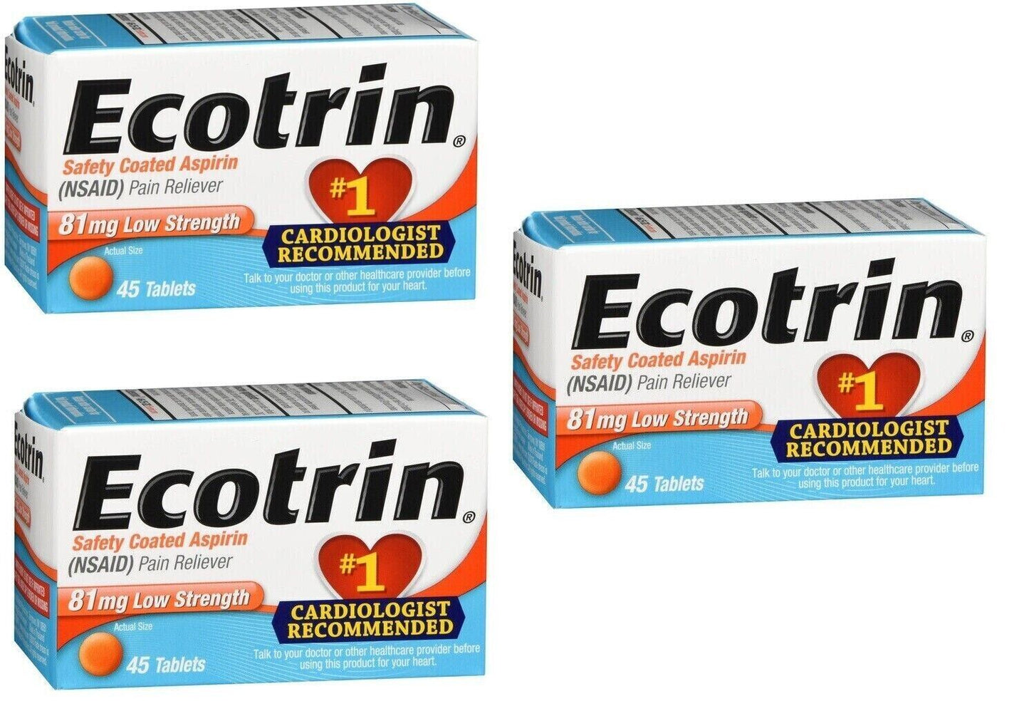 Ecotrin Low Strength Safety Coated Aspirin 81mg Tablets 45 Count X 3 Packs