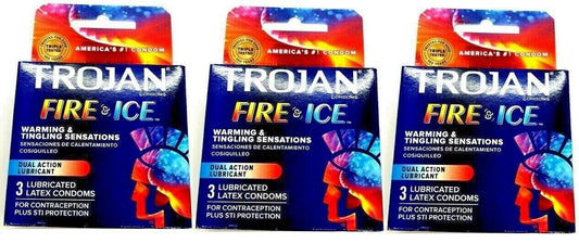 Trojan Fire & Ice Lubricated Condoms - Each 3 Pcs of 3 Box Total 9 Pcs Condoms