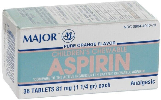 Major Baby Aspirin 81mg Chewable Orange Flavor 36ct -12 Pack