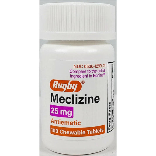 Rugby Meclizine 25mg NON-DROWSY 100ct Cherry Chewable  x 2 bottles