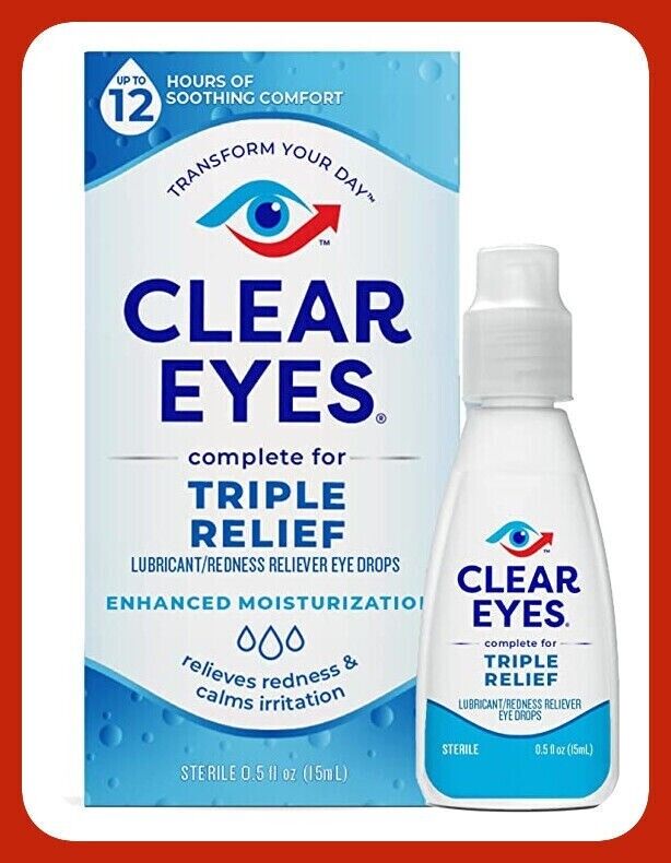 Clear Eyes Triple Action Lubricant Eye Drops Relieves Redness 0.5 Oz Pack of 2