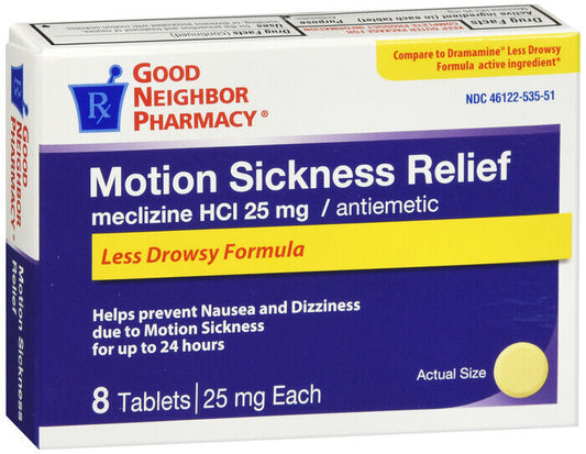 GNP MOTION SICKNESS LESS DROWSY TAB 8CT    x 2   meclizine HCl ORAL TABLET 25 MG