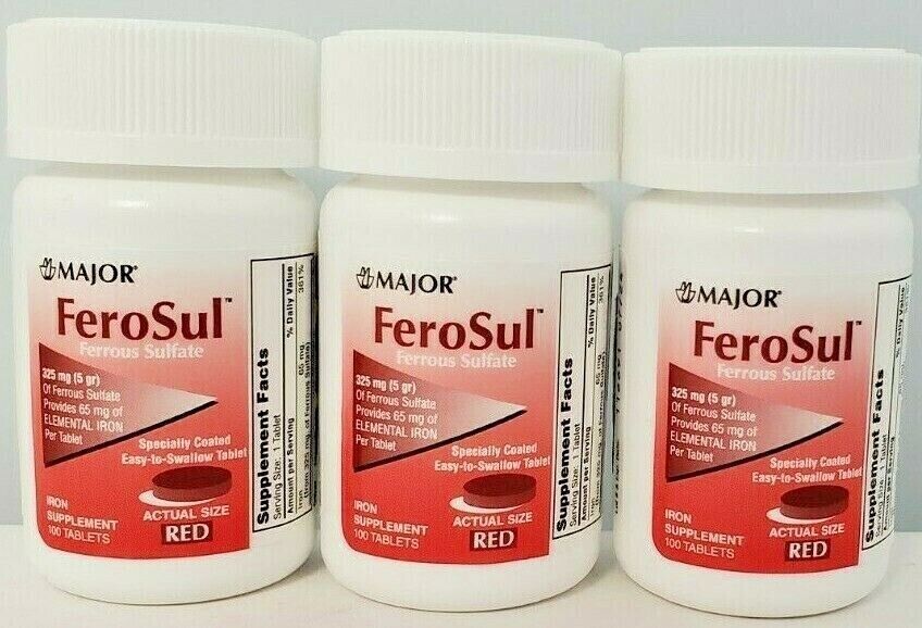 Major FeroSul Ferrous Sulfate 325mg Red Iron Supplement Tablets 100 Ct, 3Pack