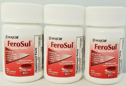 Major FeroSul Ferrous Sulfate 325mg Red Iron Supplement Tablets 100 Ct, 3Pack