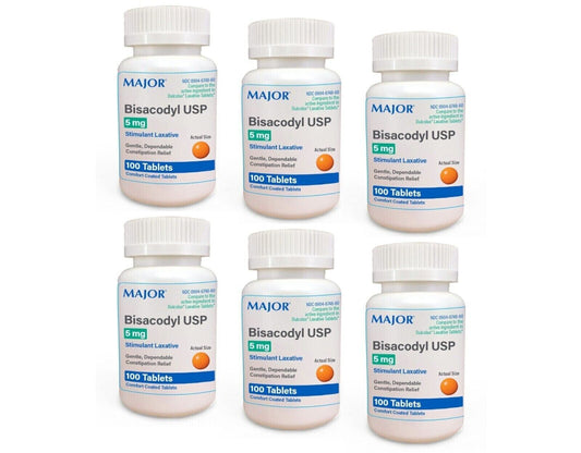 Major Bisacodyl USP Stimulant Laxative 5mg, 100 Tablets - *Pack of 6*