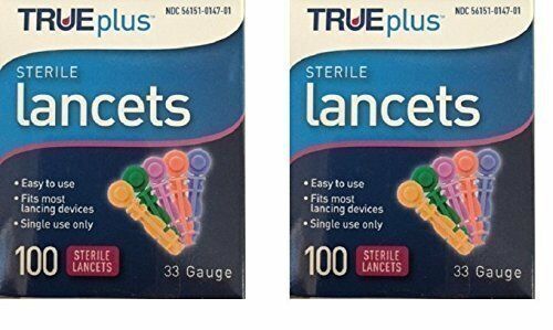 Trueplus Single Use Sterile Lancets Fits Most Lancing Devices 33G 100 Ct 2 Pack