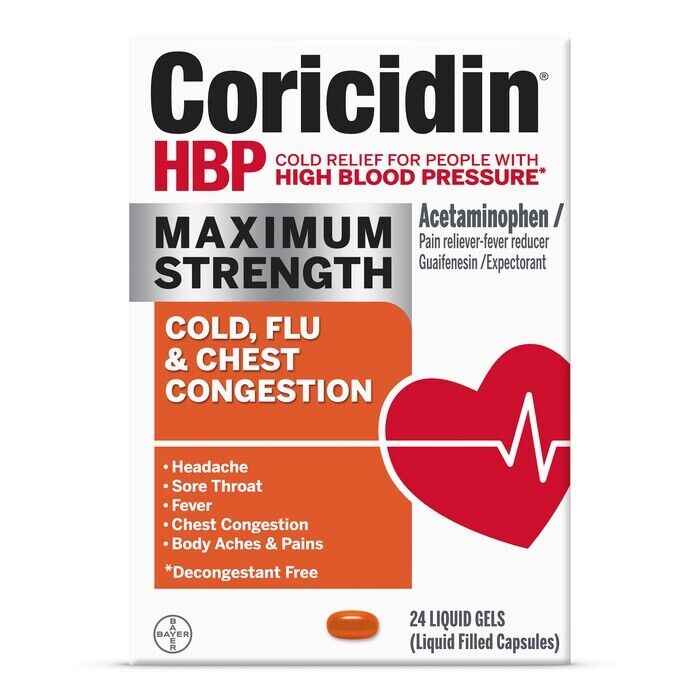 CORICIDIN HBP MAX CLD/FLU/CHEST CONGESTION   Liquigel   24 count