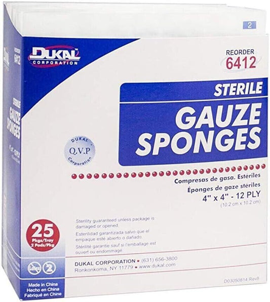 Dukal Gauze Sponge - Sterile, 4" x 4" 12-ply - Model 6412 - Box of 50 (25x2)