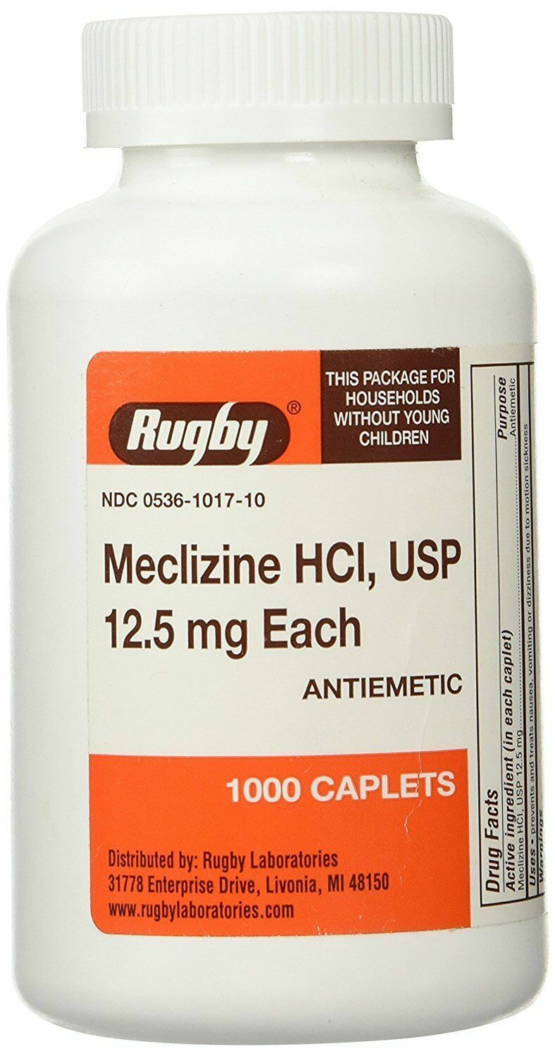 Rugby Meclizine 12.5mg Nausea Motion Sickness Caplets 1000ct