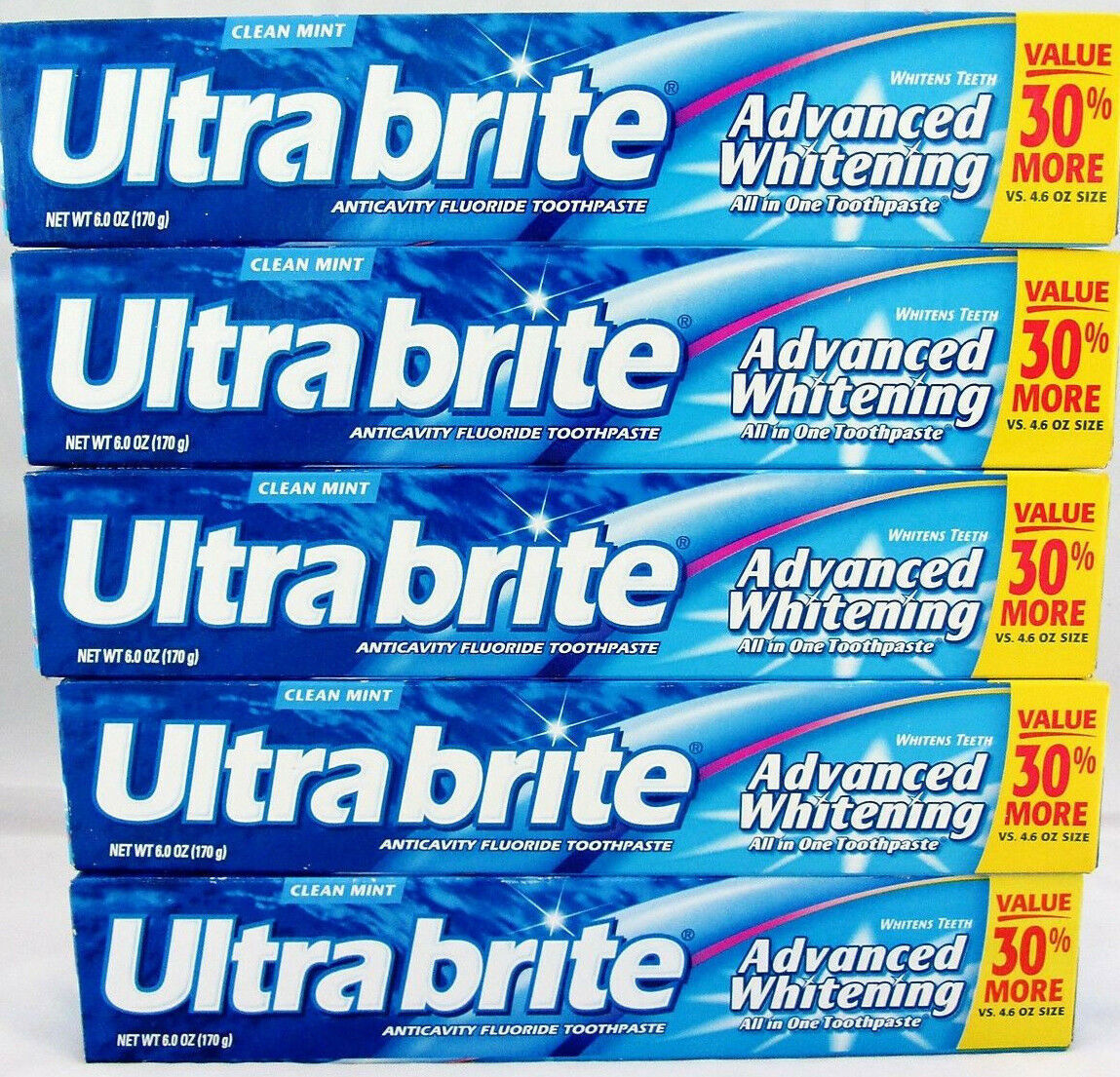 ULTRA BRITE TOOTHPASTE ADVANCED WHITENING 6 OZ clean mint x 5 tubes