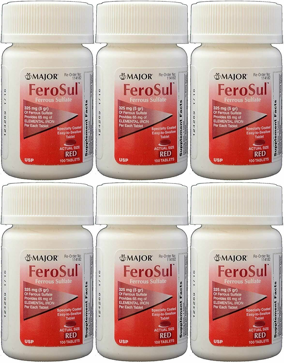 Major FeroSul Ferrous Sulfate 325mg Red Iron Supplement Tablets 100 Ct, 6 Pack