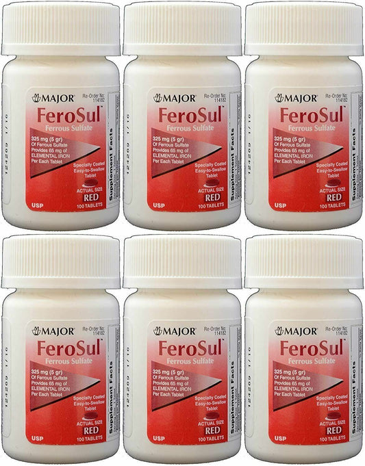 Major FeroSul Ferrous Sulfate 325mg Red Iron Supplement Tablets 100 Ct, 6 Pack