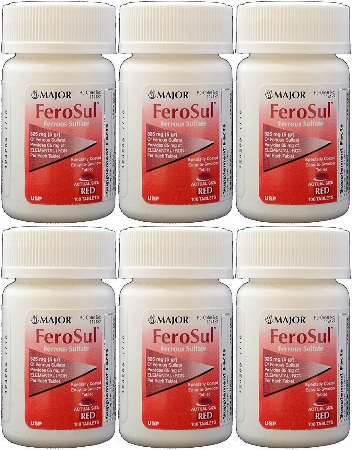 Major Ferrous Sulfate 325 mg 100ct (Compare to FeroSul) -6 Pack