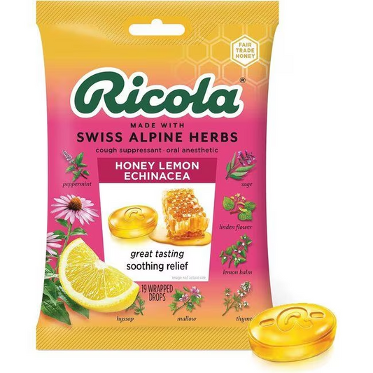 RICOLA HONEY-LEMON WITH ECHINACEA THROAT DROPS, 19 PER BAG  X 3 BAGS