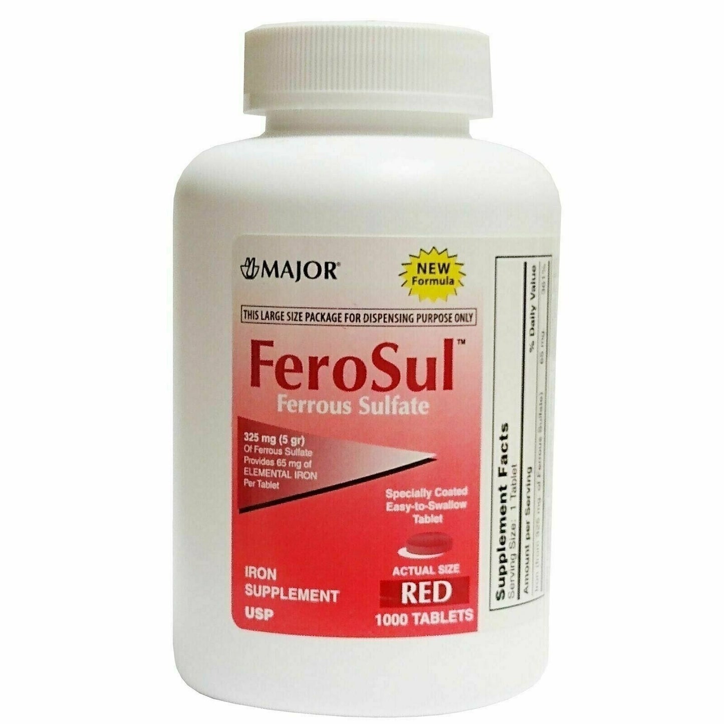 Major Ferosul Ferrous Sulfate 325mg Iron Supplement Blood Health 1000ct 4 Pack