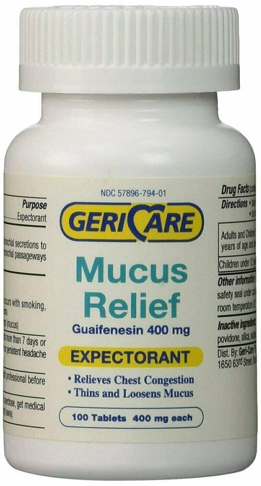 Mucus Relief Expectorant Guaifenesin Tablets Gericare 400 mg Each 100 Ct 6 Pack