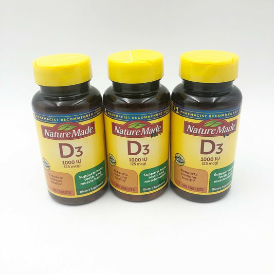 Nature Made Vitamin D3 1000 IU 25mcg 100 Tablets Ea Lot Of 3