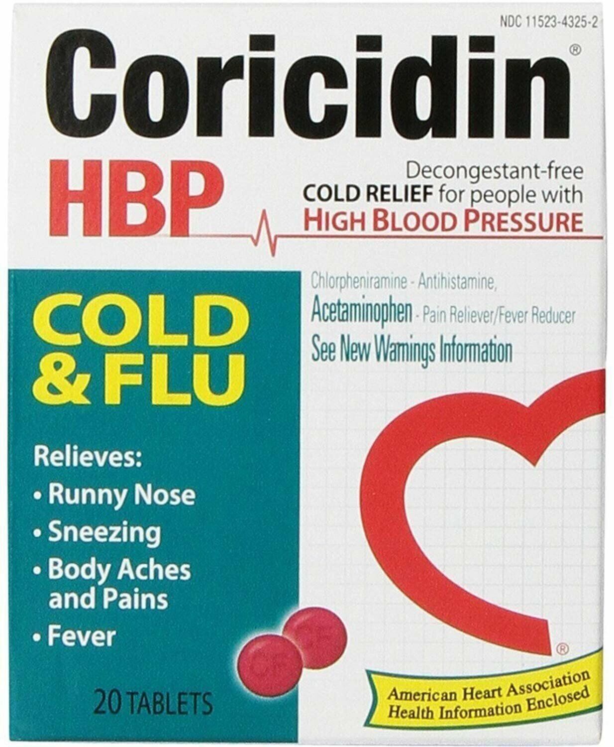 Coricidin HBP Cold & Flu Relief Heart Health Decongestant Free 20 ct Pack of 3