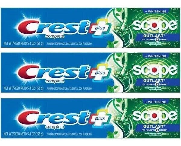 BL Crest Toothpaste 5.4 oz Plus Scope Outlast + Whitening - THREE PACK