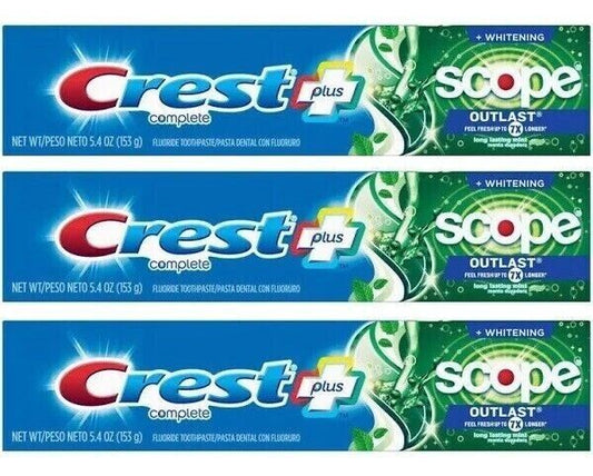 BL Crest Toothpaste 5.4 oz Plus Scope Outlast + Whitening - THREE PACK