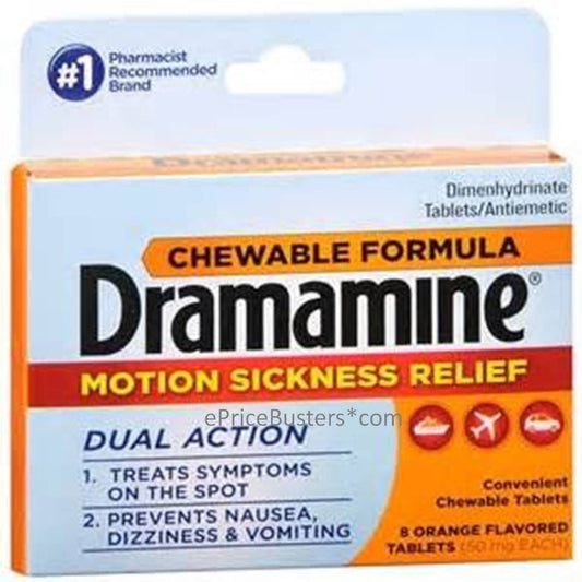 Dramamine Dual Action Motion Sickness Relief Chewable Tablets Orange 8 count