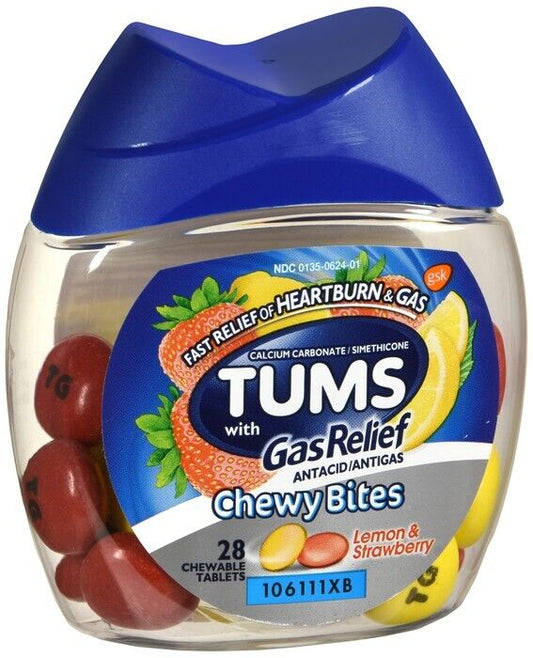 Tums Chewy Bites Gas Relief Lemon & Strawberry Tablets 28ct