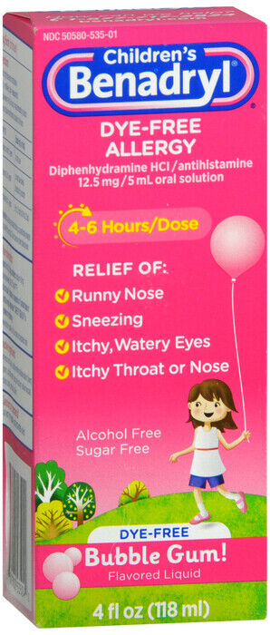 Benadryl Kids Allergy Liquid 4oz Dye Free Bubble Gum