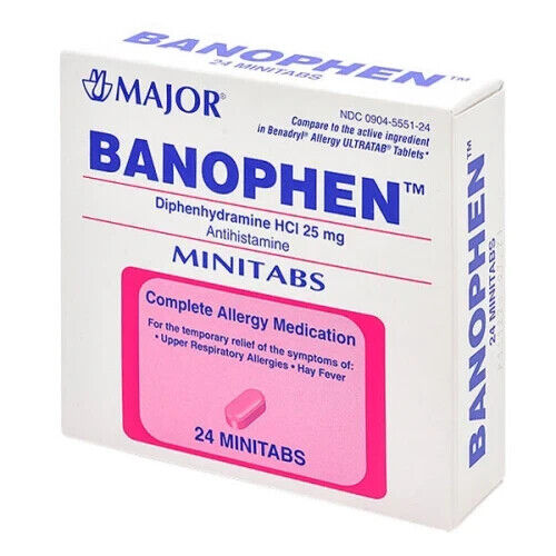 ALLERGY BANOPHEN 25MG TABLET 24CT MAJOR   diphenhydramine HCl ORAL TABLET 25 MG